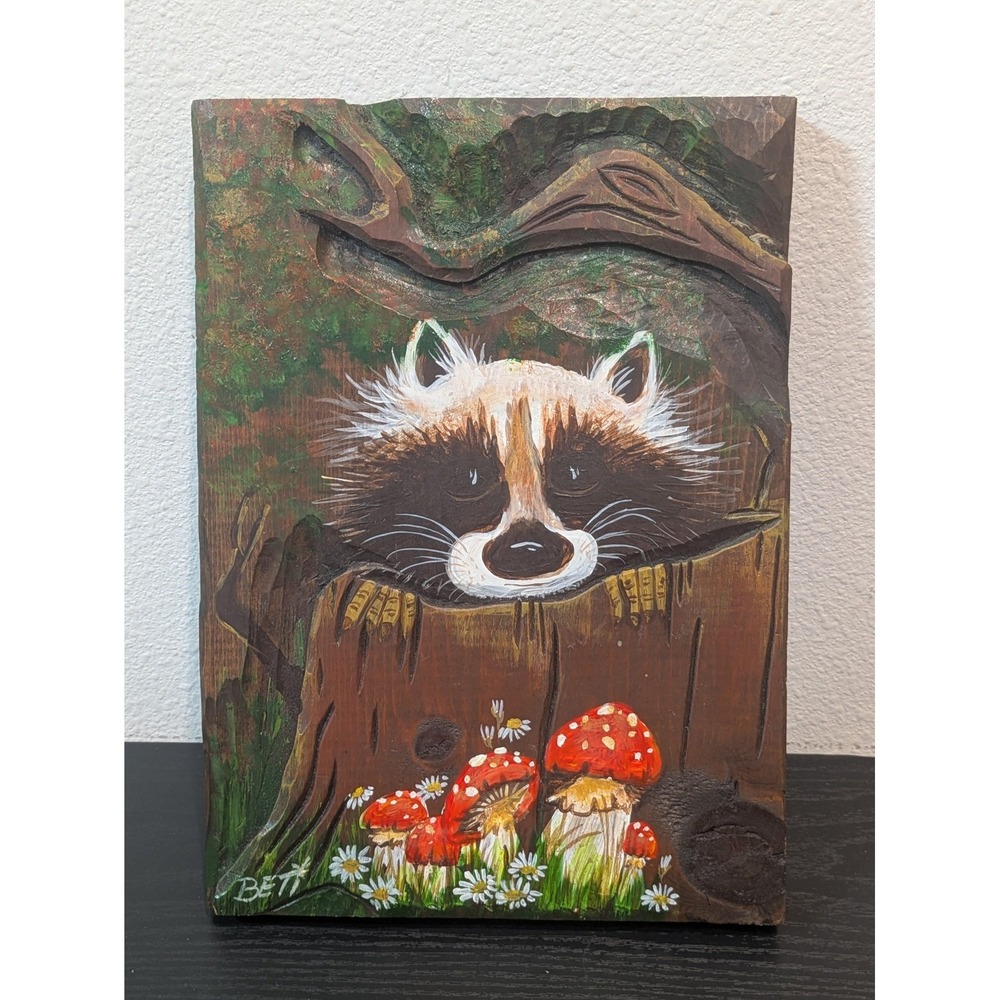 VTG Raccoon Mushrooms Wood Carved Mixed Media Wall Plaque Signed Folk Art 10x7
